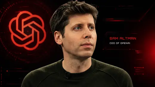 Sam Altman and OpenAI cinematic PRESDA poster on a dark background