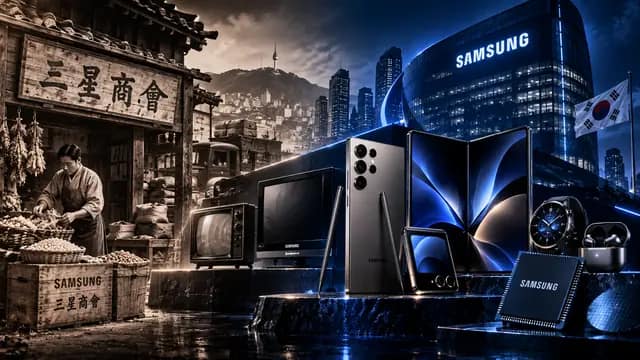 Cinematic Samsung history image showing an early Korean trading shop beside modern Galaxy phones, foldables, semiconductors and Samsung headquarters