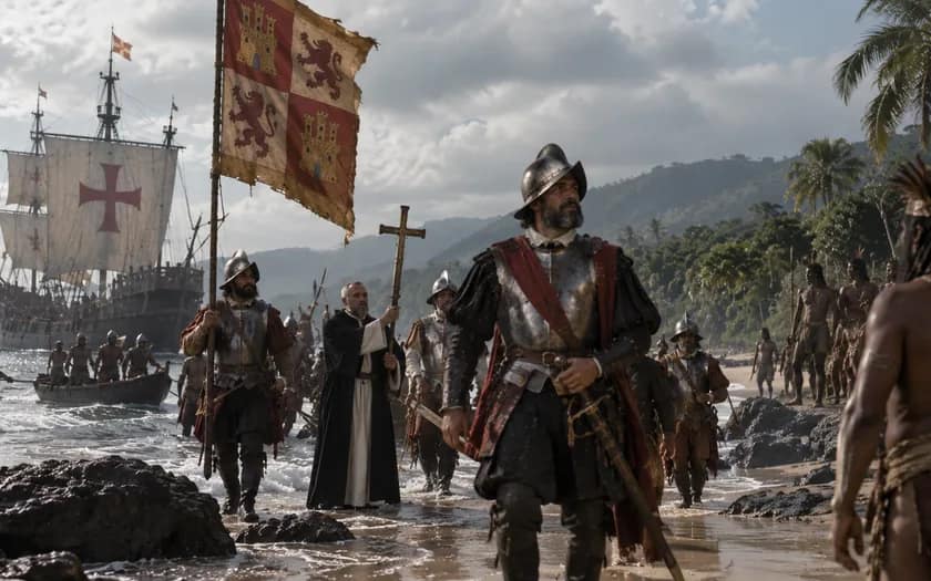 Editorial historical reconstruction of Spanish conquistadors arriving on a Caribbean shore beside sailing ships; not a documentary depiction of Columbus’s landing