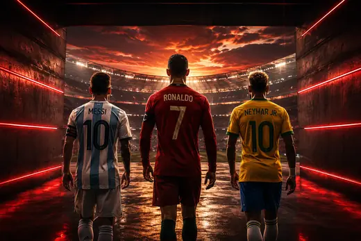 Lionel Messi, Cristiano Ronaldo, and Neymar walking toward a stadium for the 2026 World Cup final chapter