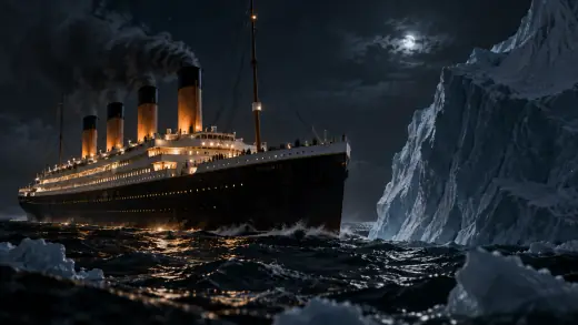 RMS Titanic sailing at night near a moonlit iceberg in the North Atlantic before the 1912 disaster