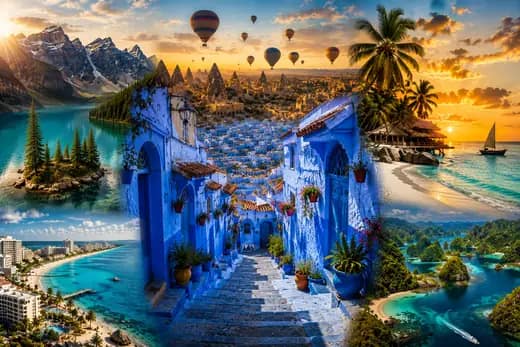 Futuristic travel collage of hidden destinations for PRESDA