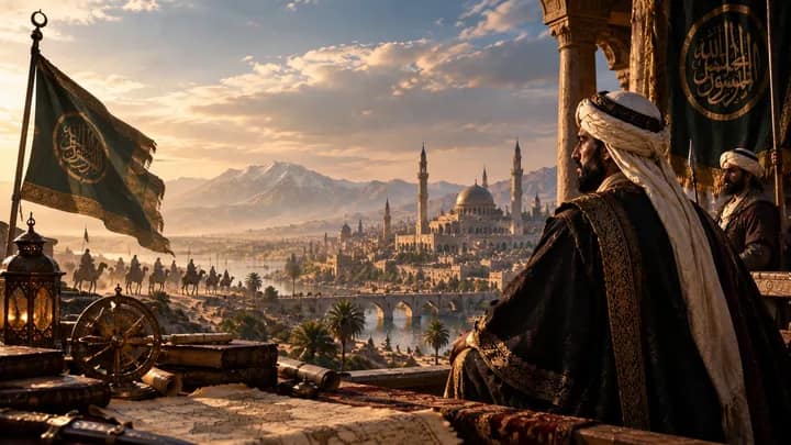 Editorial historical reconstruction of an imagined Umayyad ruler overlooking Damascus; not a documented portrait or period skyline