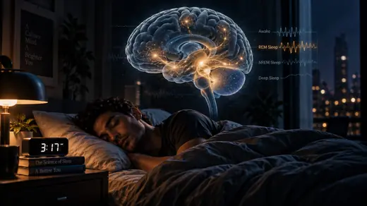 Sleeping person with a glowing brain visualization showing REM sleep and dream science