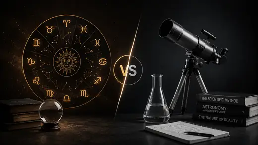 Astrology zodiac wheel compared with telescope, laboratory glassware, and science books