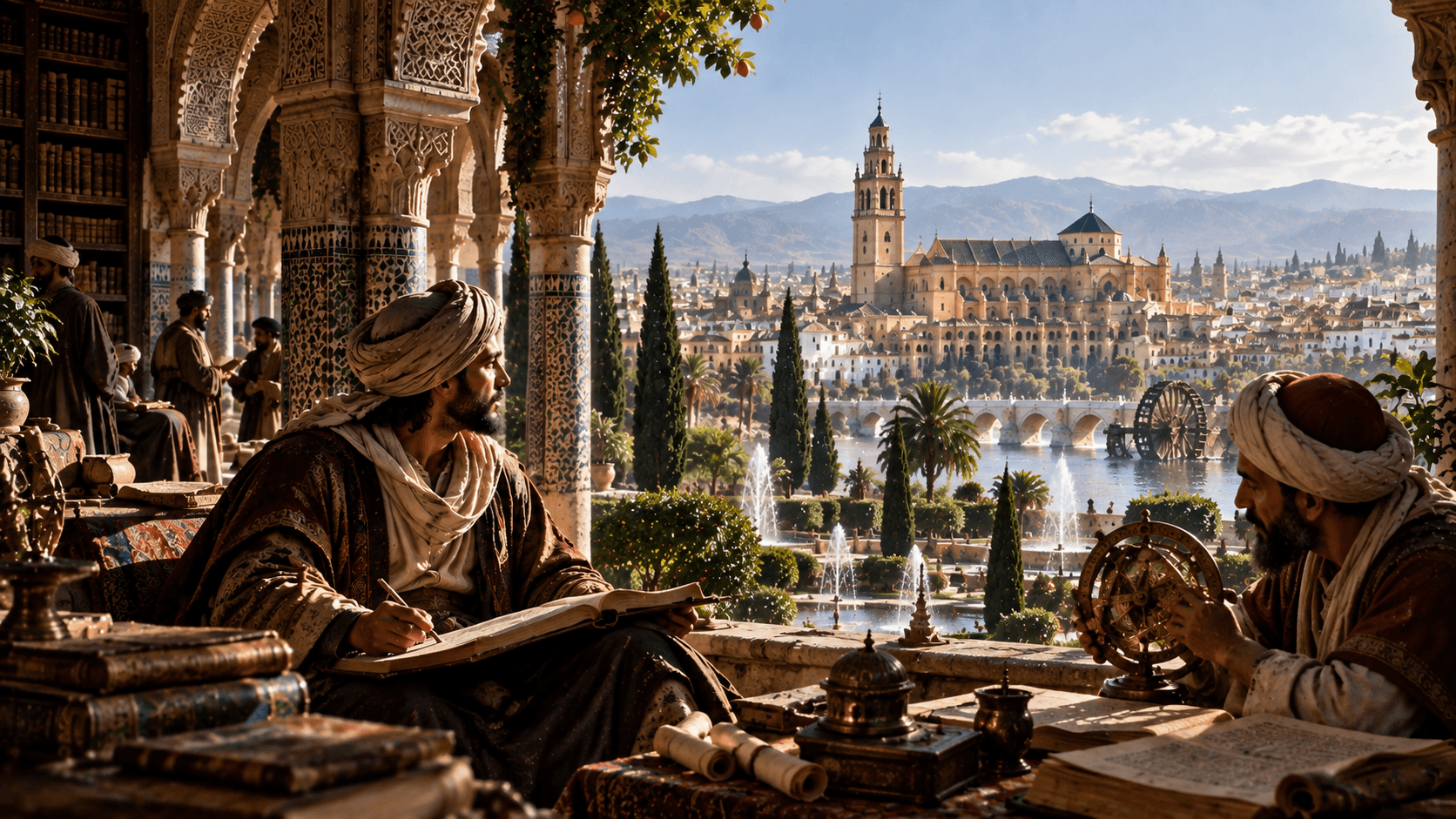 Reconstitution éditoriale de savants contemplant une ville florissante d'al-Andalus au Moyen Âge, dans une composition cinématographique.