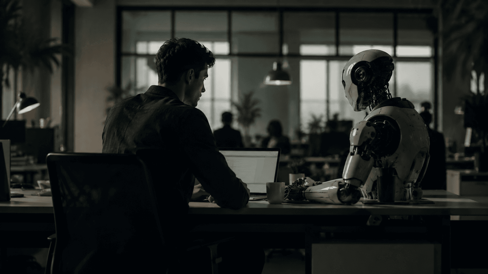 Worker seated beside a humanoid robot in a modern office, representing AI agents and the future of work