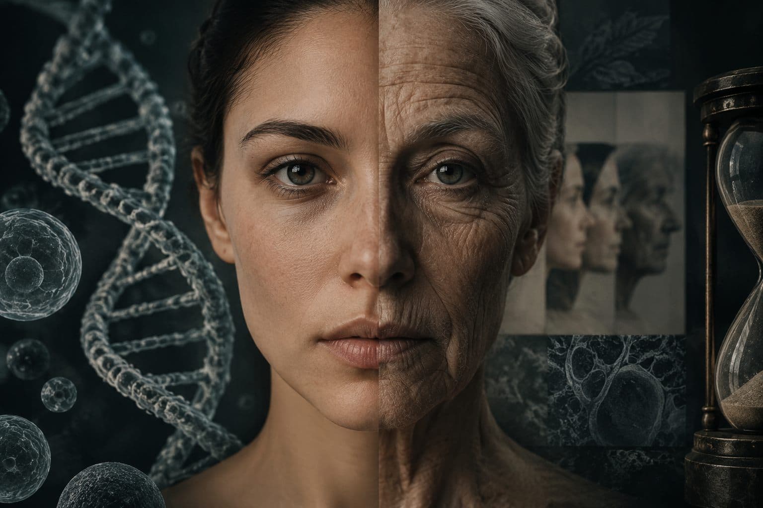 Anti-aging and human longevity concept showing biological aging, DNA and the passage of time