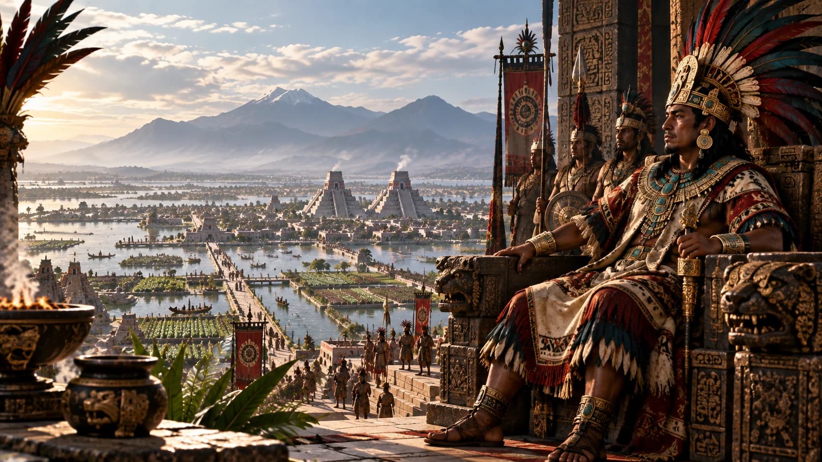 Reconstitution historique éditoriale d'un souverain mexica imaginé dominant la cité lacustre de Tenochtitlan ; il ne s'agit pas d'un portrait documenté.
