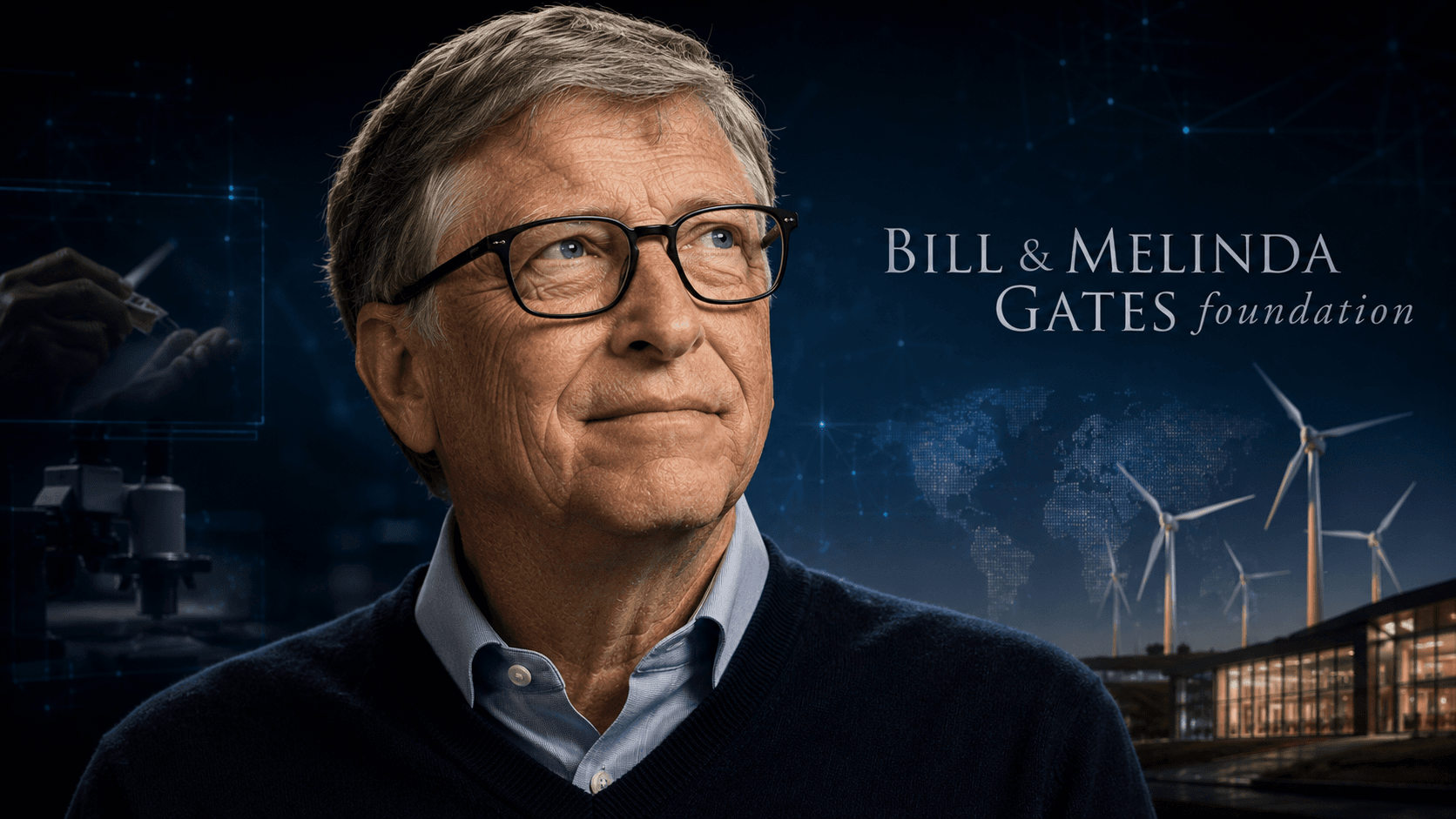 Bill Gates foundation cinematic poster with global health and innovation panels