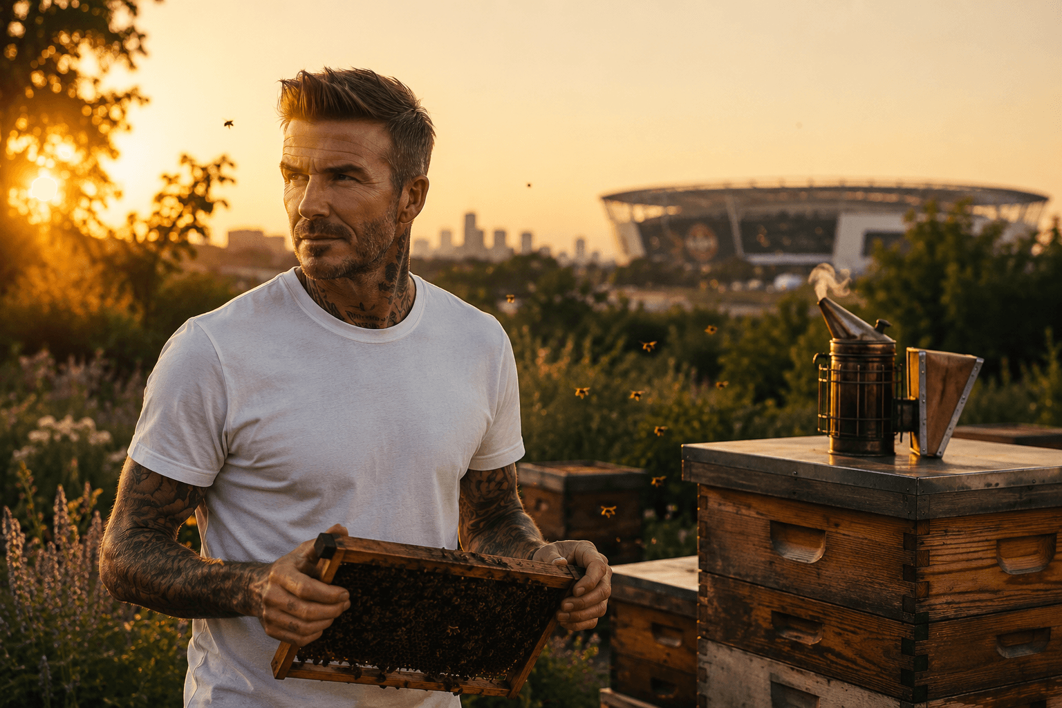 David Beckham standing beside beehives at sunset with bees flying around him