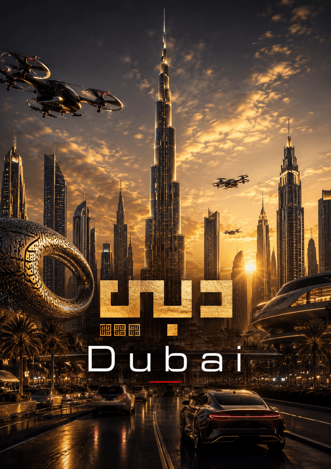 Futuristic Dubai skyline with flying vehicles and sunset light
