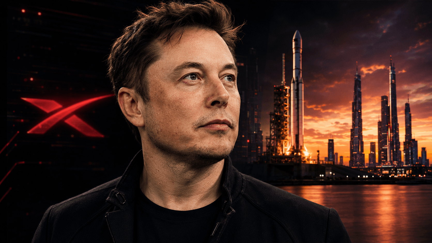 Elon Musk above a futuristic city with SpaceX and Tesla branding