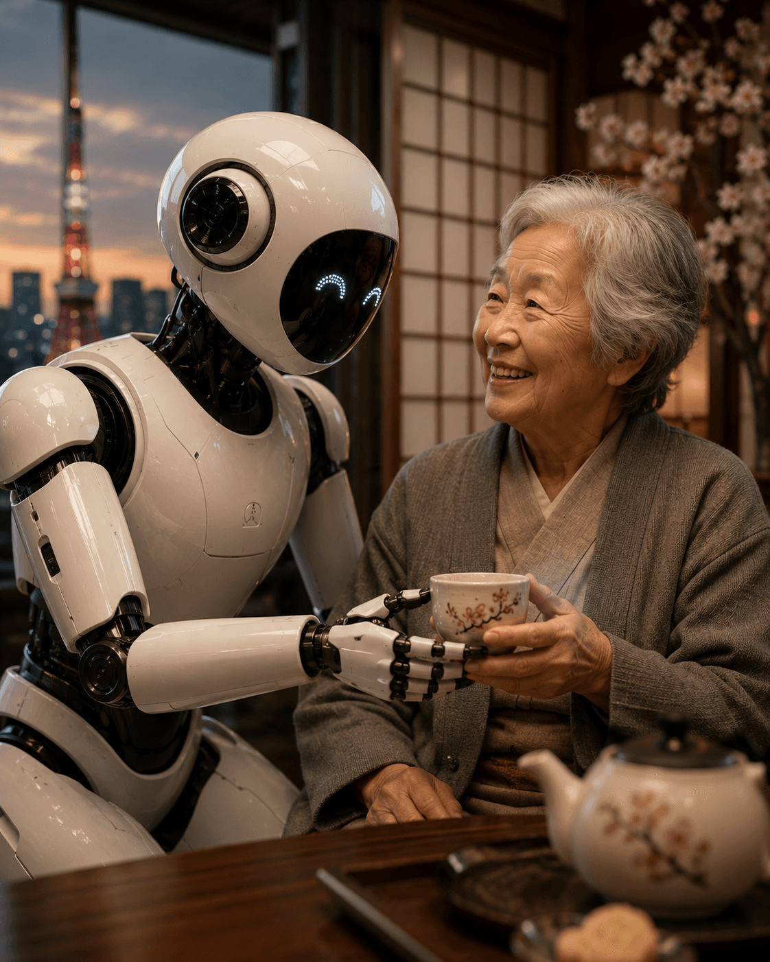 Japanese elder holding hands with a care robot in a cinematic poster