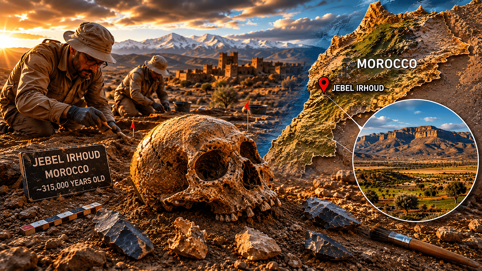 Jebel Irhoud archaeological discovery in Morocco with fossils, excavation site, and map marker