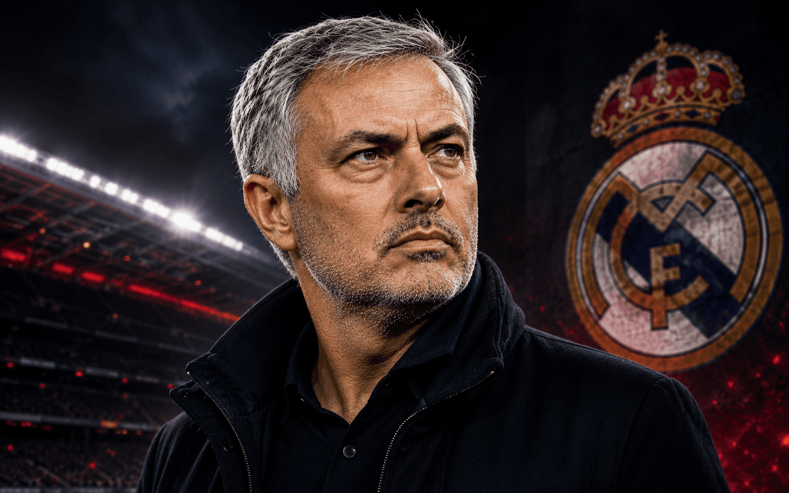 Jose Mourinho with Real Madrid crest and Santiago Bernabeu stadium