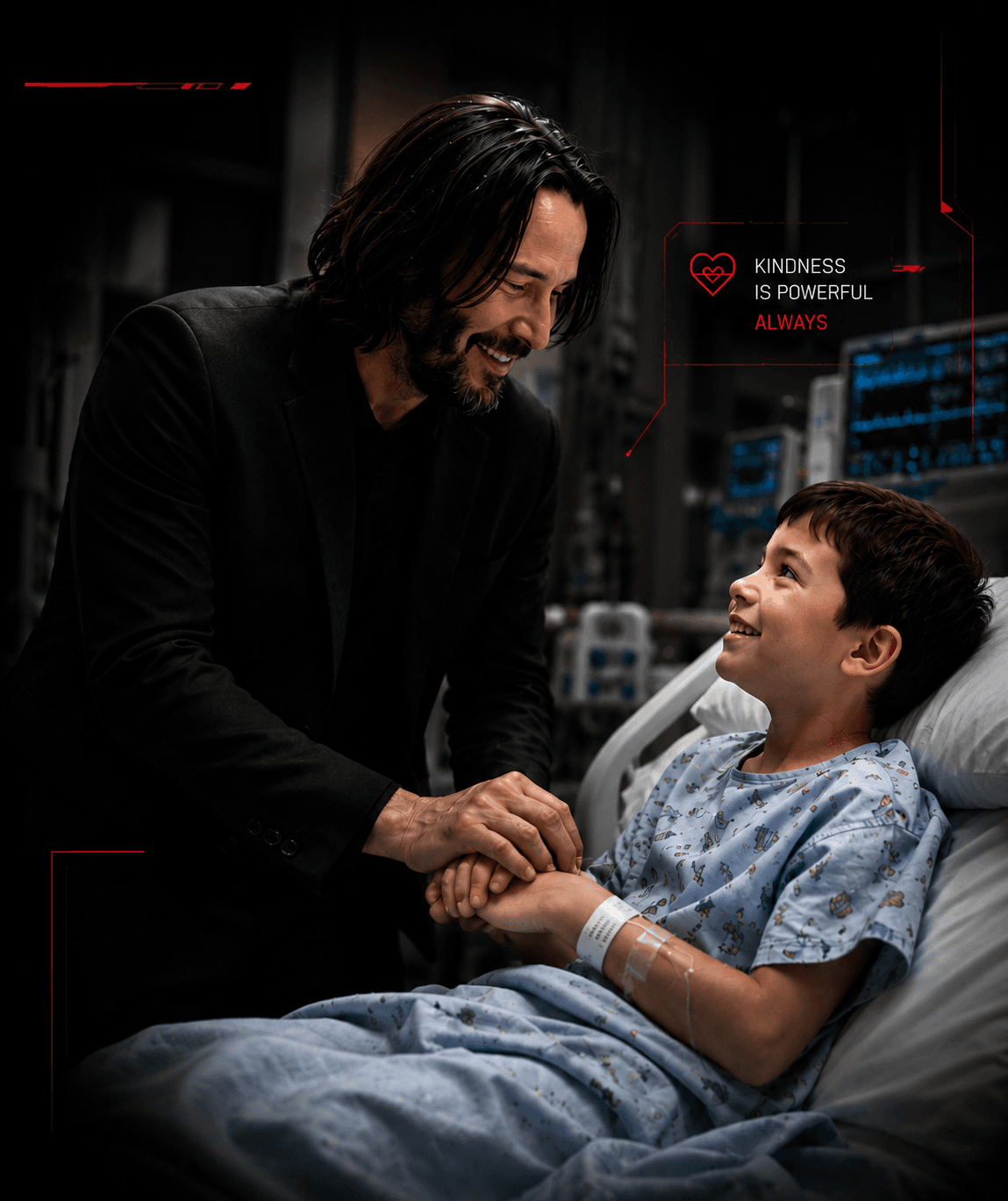 Keanu Reeves comforting a child in a hospital room with kindness overlays