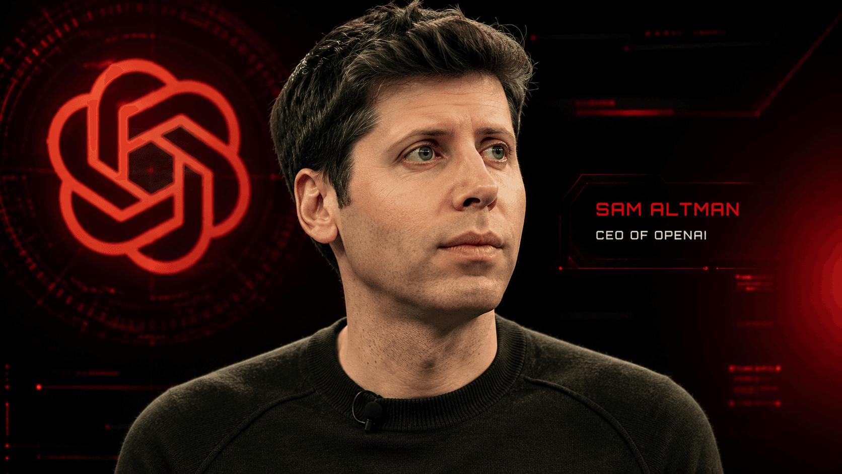 Sam Altman and OpenAI cinematic PRESDA poster on a dark background