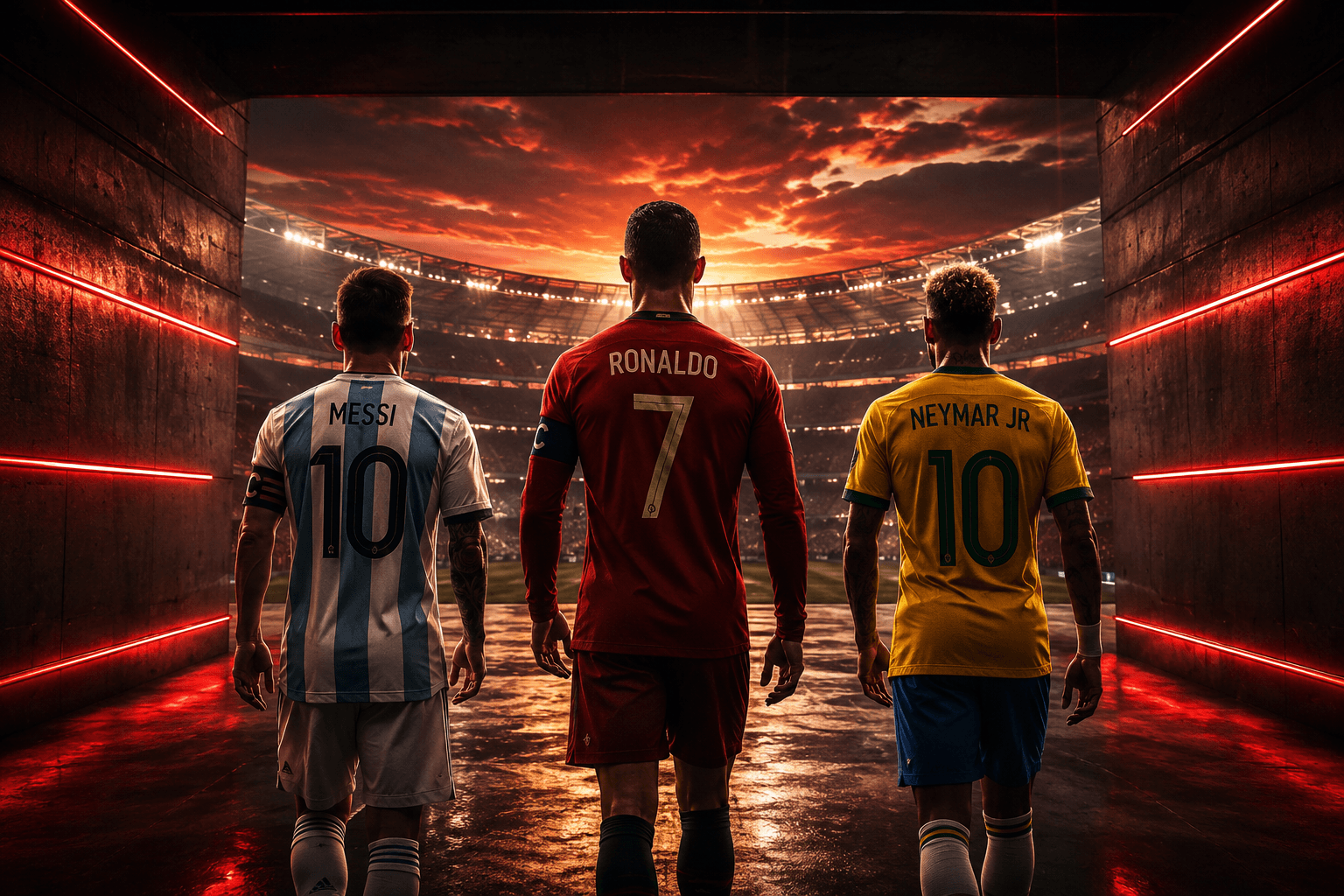 Lionel Messi, Cristiano Ronaldo, and Neymar walking toward a stadium for the 2026 World Cup final chapter