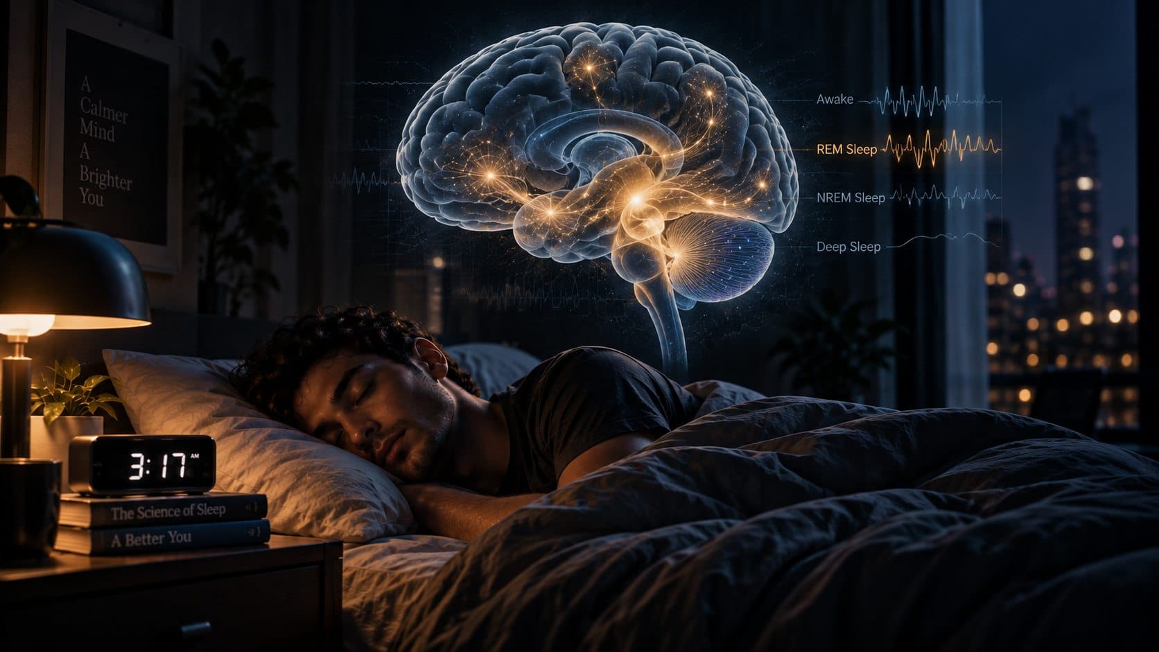 Sleeping person with a glowing brain visualization showing REM sleep and dream science