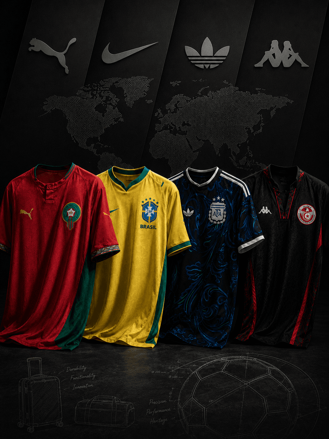 World Cup 2026 football jerseys from Morocco, Brazil, Argentina, and Tunisia on a black premium sportswear background
