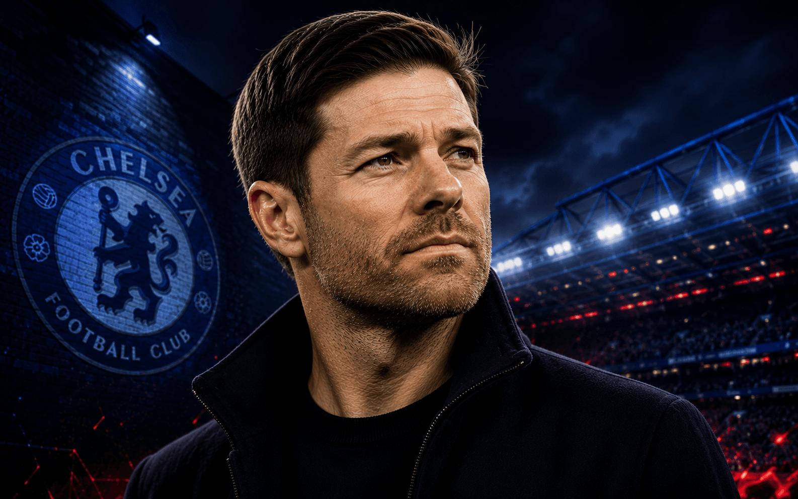 Xabi Alonso cinematic football poster with Chelsea flag