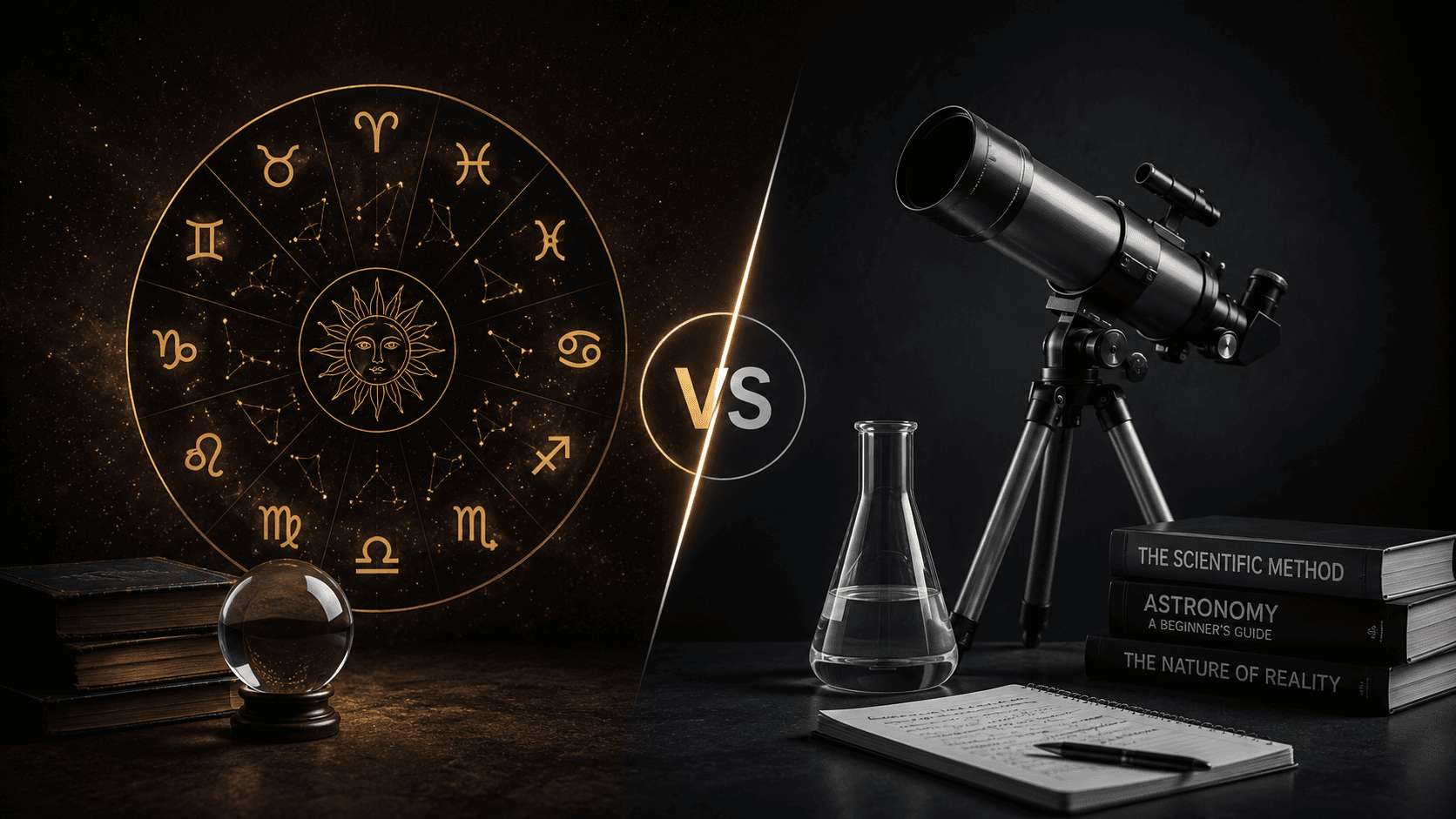 Astrology zodiac wheel compared with telescope, laboratory glassware, and science books