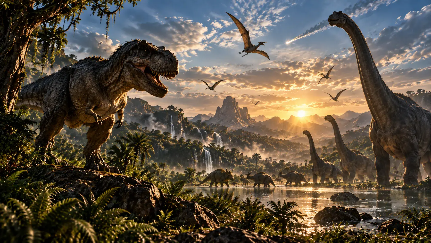 Prehistoric valley at sunrise with T. rex, sauropods, flying reptiles and an asteroid streaking across the sky