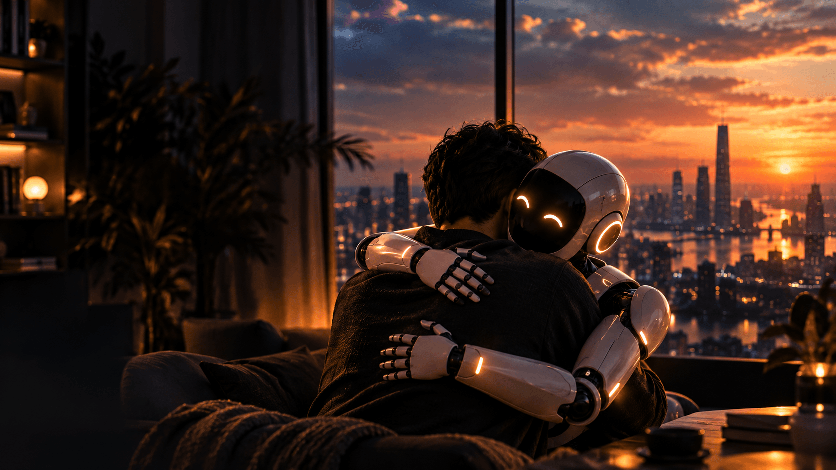 Una persona y un robot de aspecto amable se abrazan al atardecer, como representación de la compañía y el apoyo emocional de la IA.
