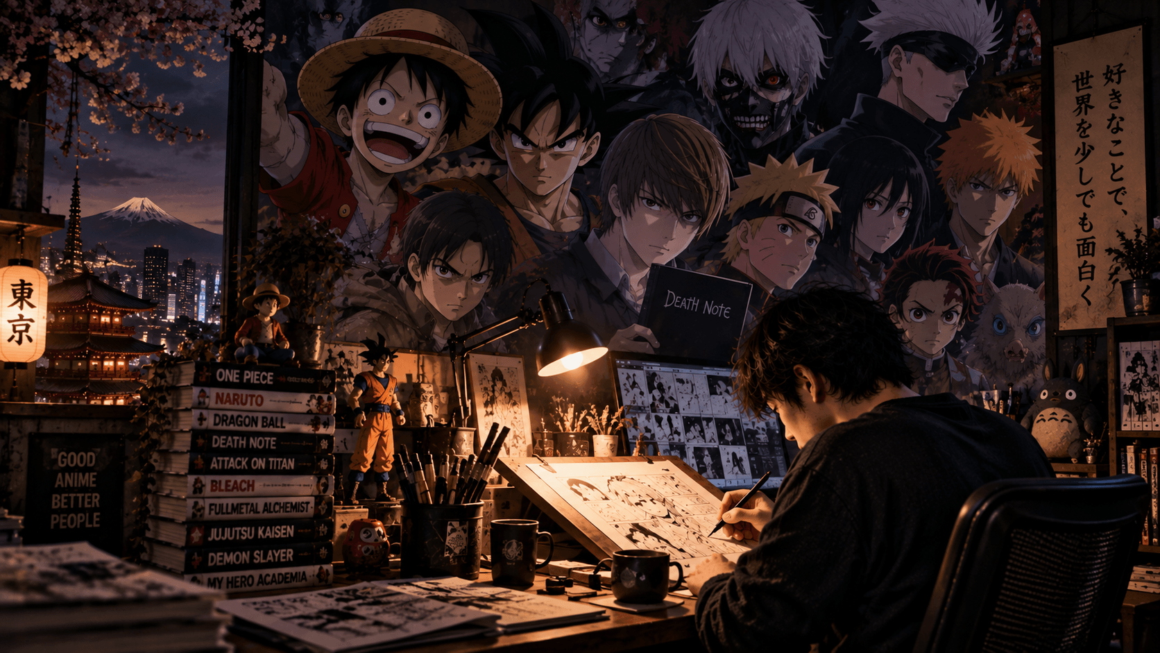 Illustration of an artist drawing at a desk surrounded by manga volumes and anime characters, with a Japanese city outside the window