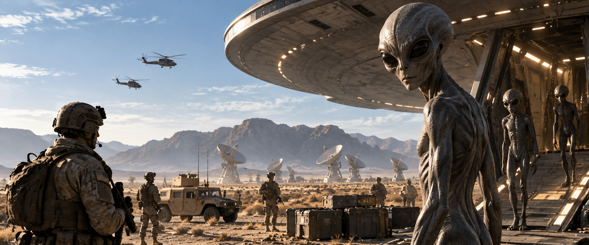 Fictional illustration of extraterrestrials, a spacecraft and soldiers in a desert, representing Area 51 mythology