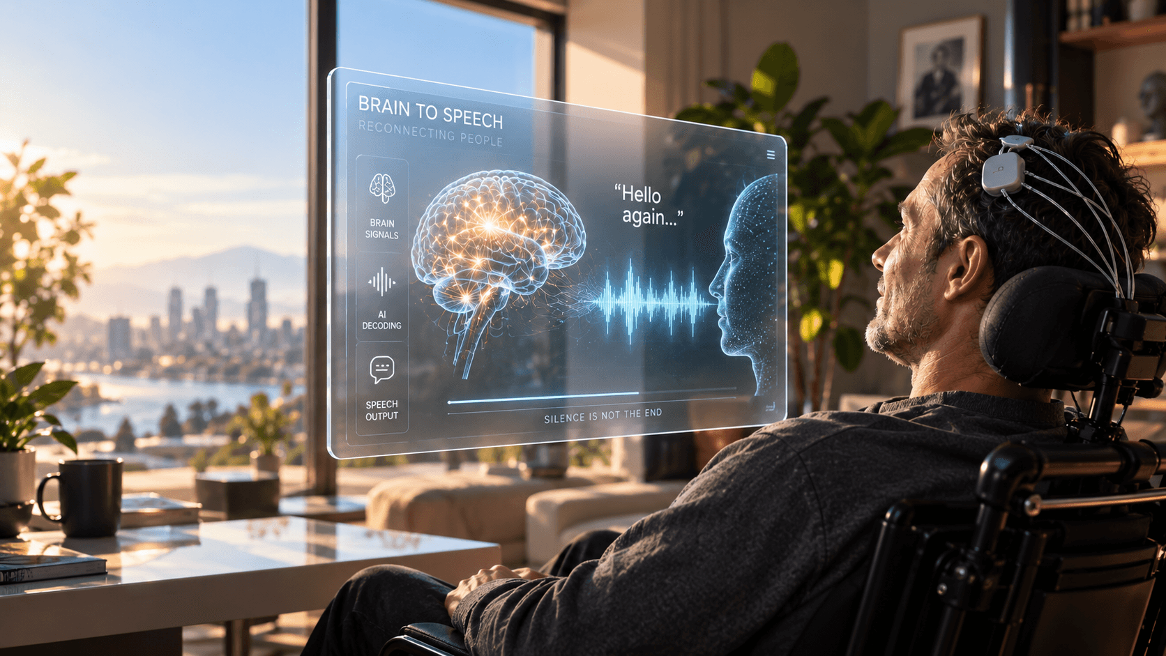 Conceptual illustration of a wheelchair user beside a brain-to-speech display showing neural signals, AI decoding and voice output; not a photograph of a clinical device