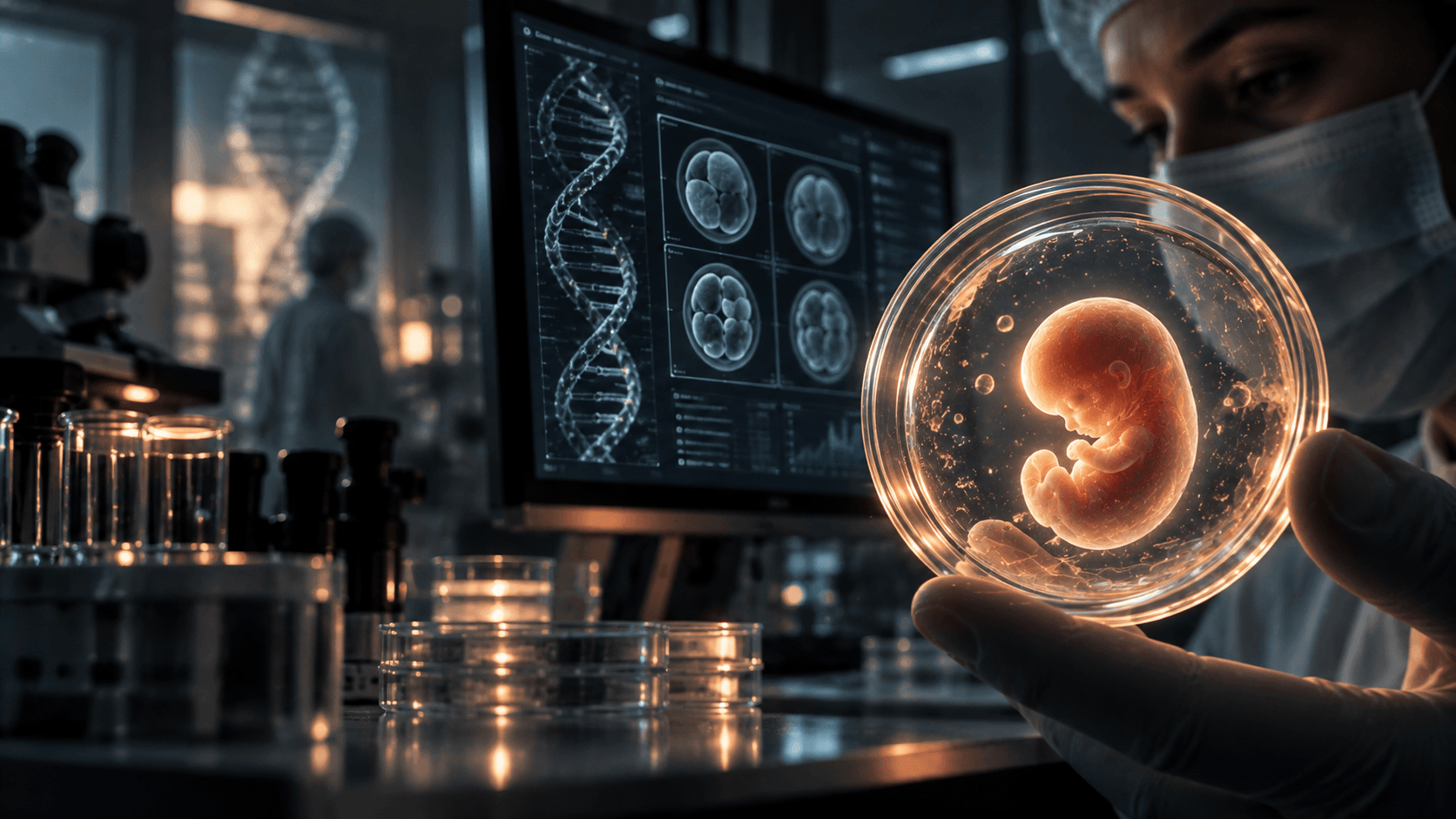 A fertility scientist examines an embryo alongside genetic and chromosome imagery in a modern IVF laboratory.