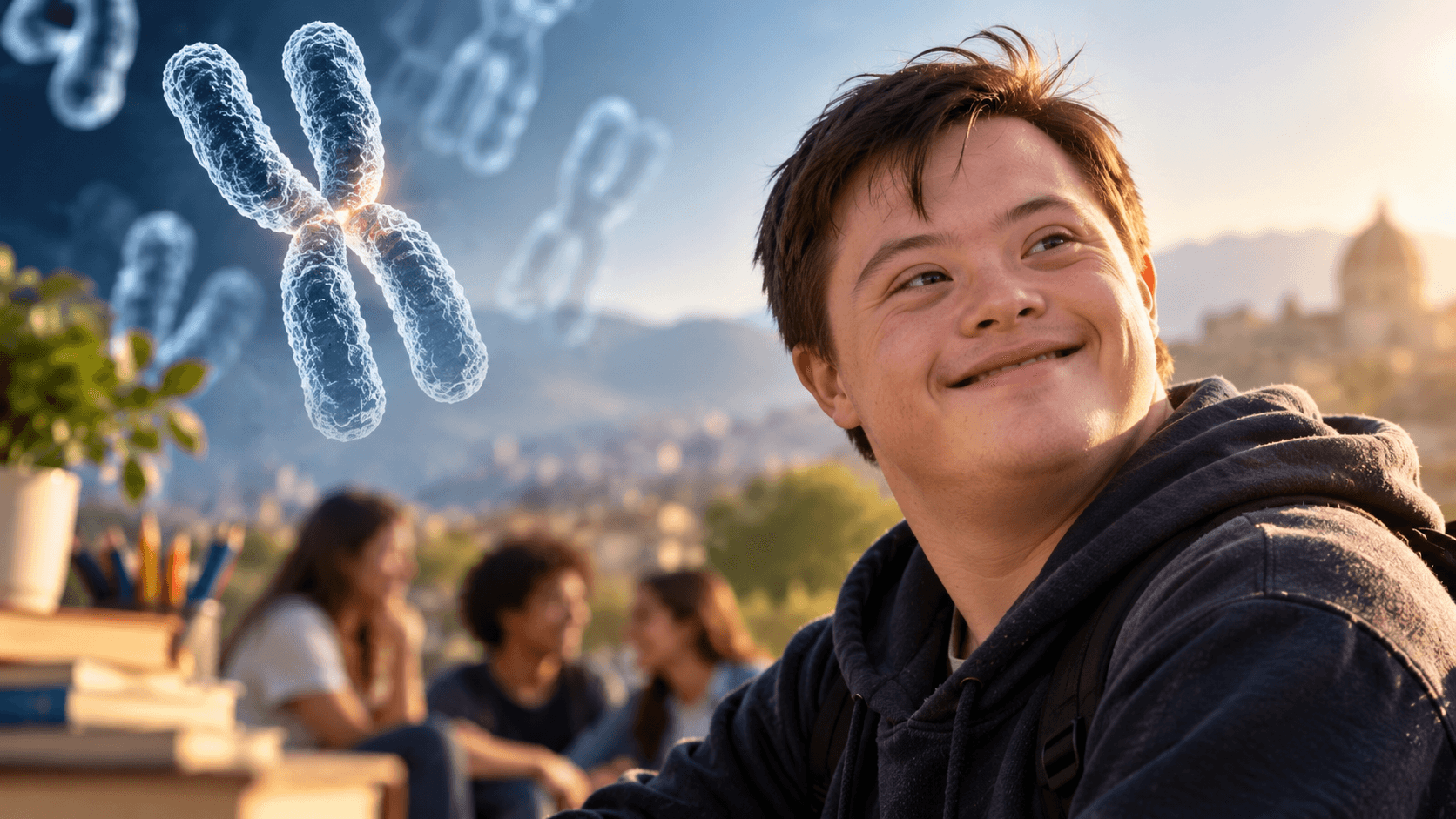 Conceptual illustration of a smiling young person alongside a chromosome graphic, with friends in the background