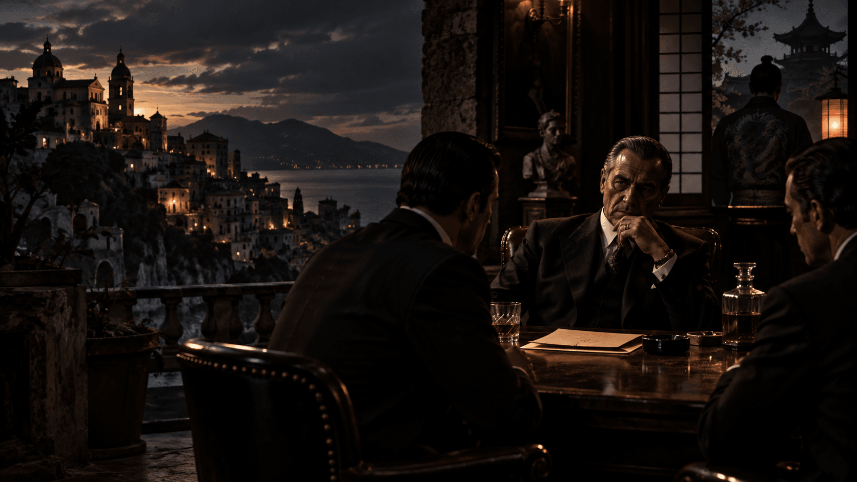 Cinematic editorial reconstruction of an organized-crime meeting overlooking an Italian coastal town, with a subtle visual reference to Japan's Yakuza.