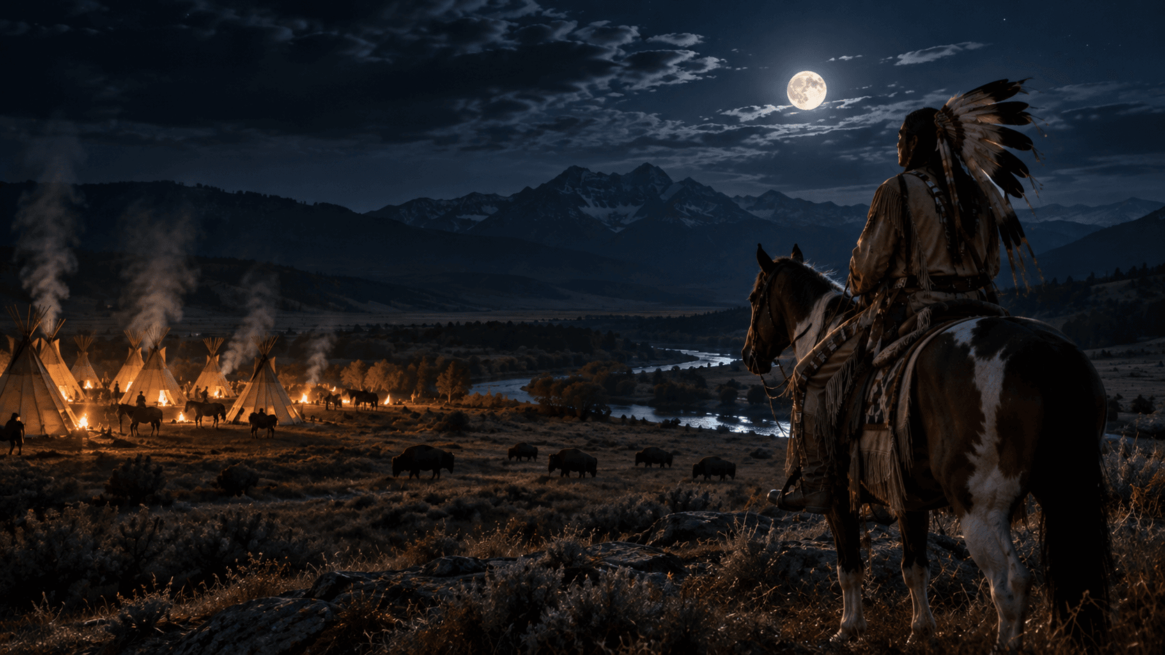 Cinematic editorial reconstruction of a Plains Indigenous rider overlooking a nighttime camp, river valley and bison under a full moon.