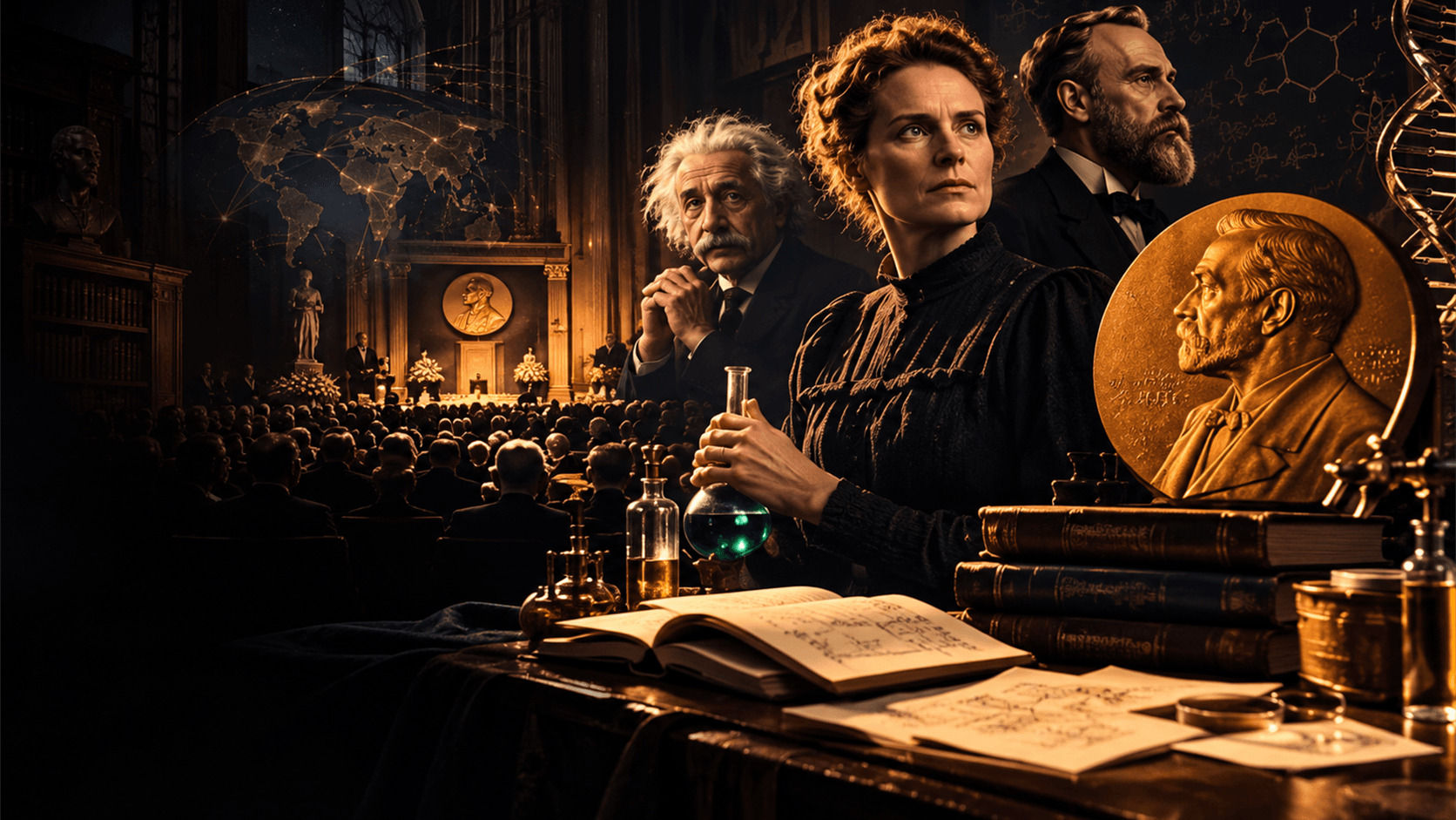 Cinematic editorial illustration of Nobel science history with Alfred Nobel, Marie Curie, Albert Einstein, a Nobel medal, laboratory glassware and a formal prize ceremony