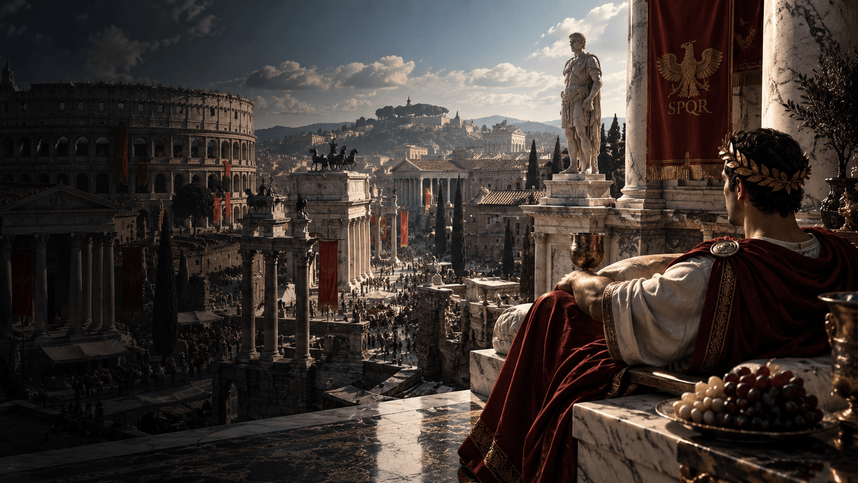 Cinematic PRESDA editorial reconstruction of a wealthy Roman overlooking monumental Ancient Rome.