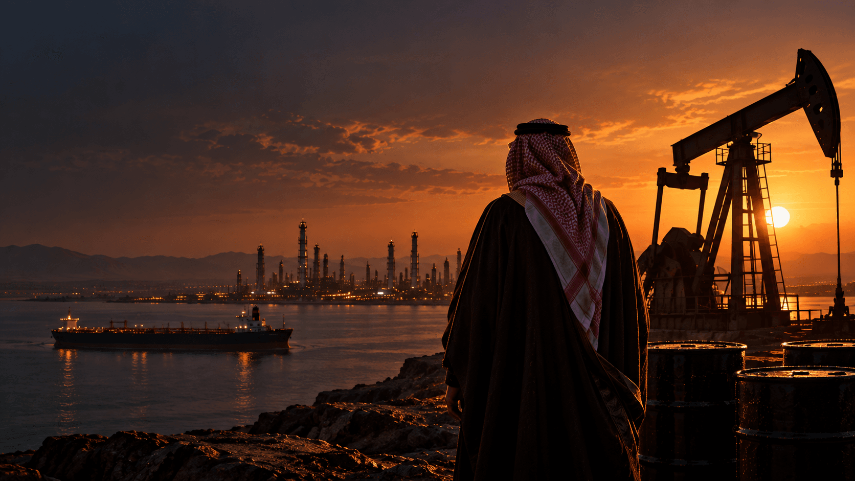 Cinematic editorial image of a Gulf oil producer overlooking an oil field, refinery and tanker at sunset.