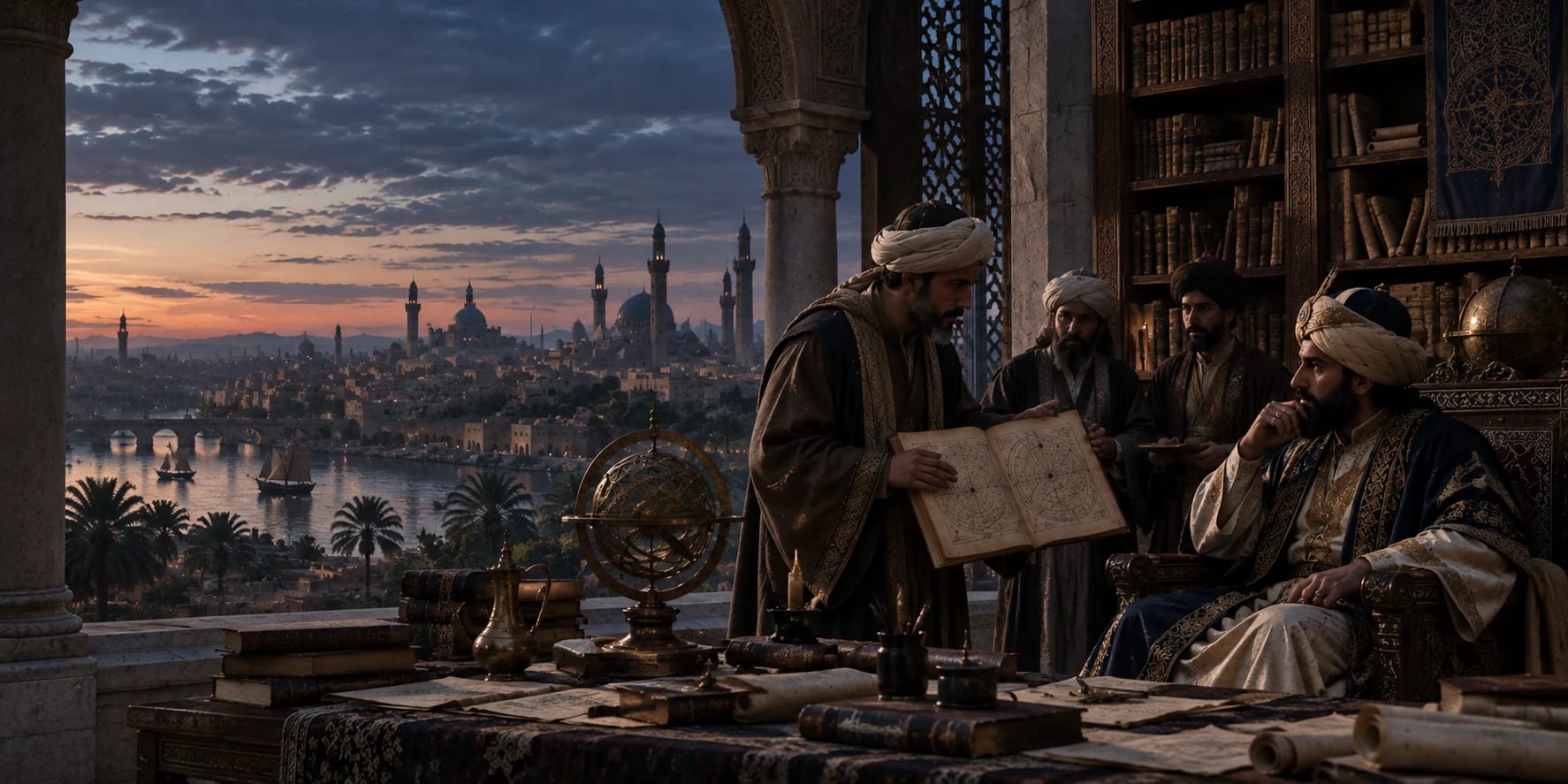 Editorial historical reconstruction of scholars sharing an illustrated manuscript above an imagined Abbasid Baghdad skyline