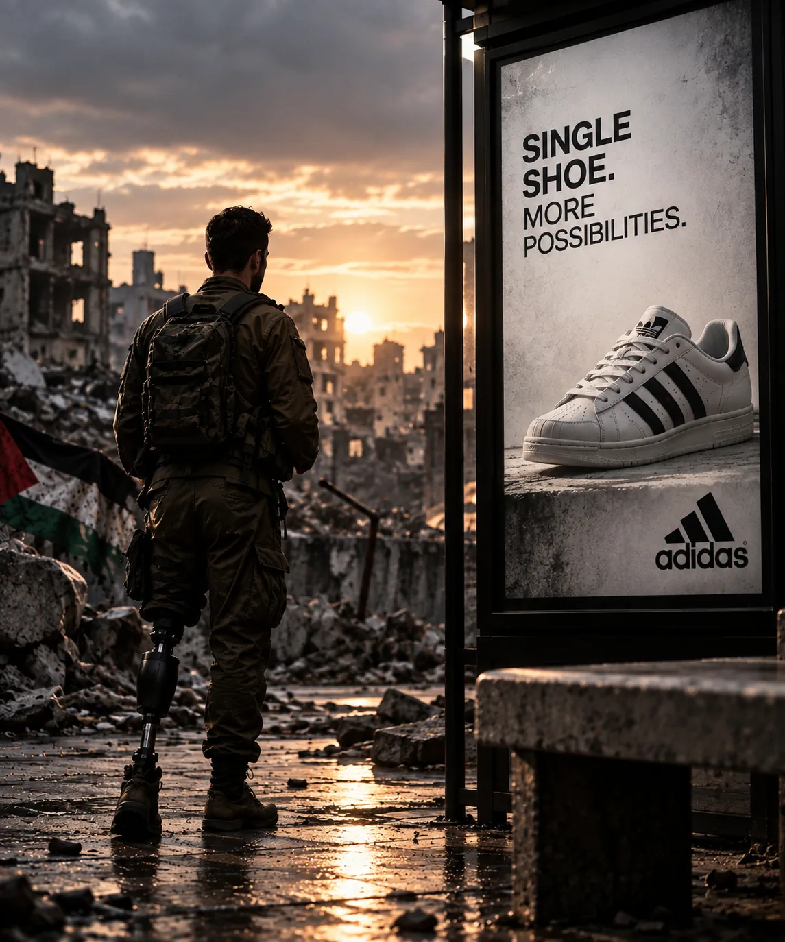 Cinematic Adidas Single Shoe billboard beside a war-damaged urban scene, symbolizing boycott controversy and global brand risk