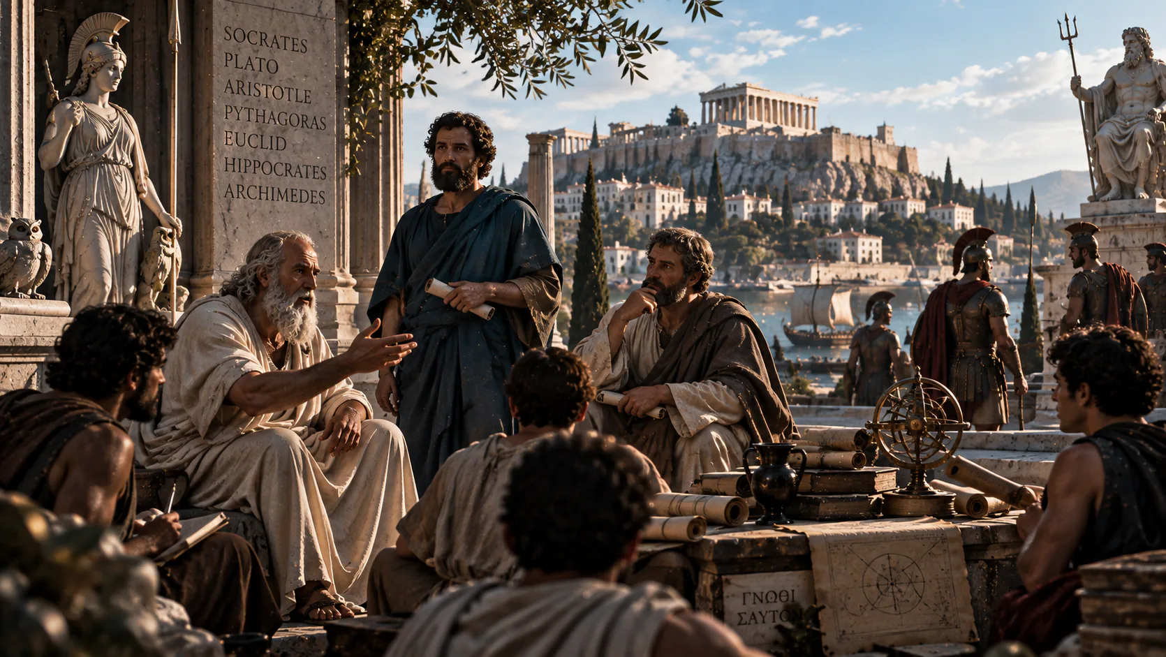 Ancient Greek philosophers, soldiers, temples and the Acropolis in a cinematic historical scene