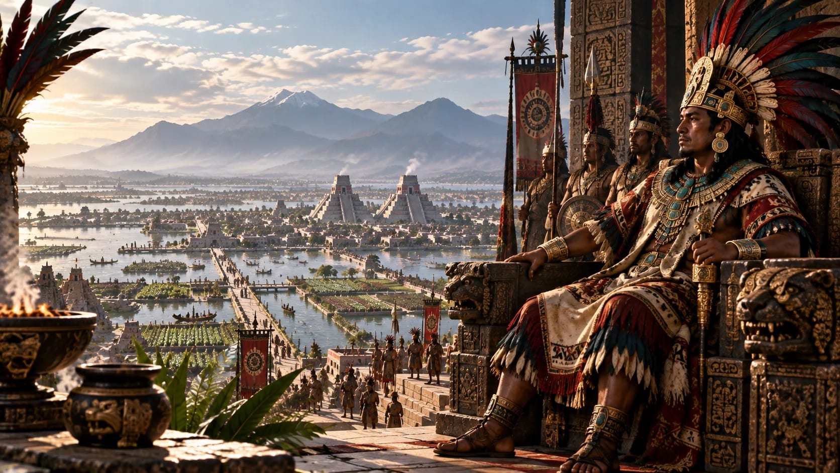 Editorial historical reconstruction of an imagined Mexica ruler overlooking the lake city of Tenochtitlan; not a documented portrait