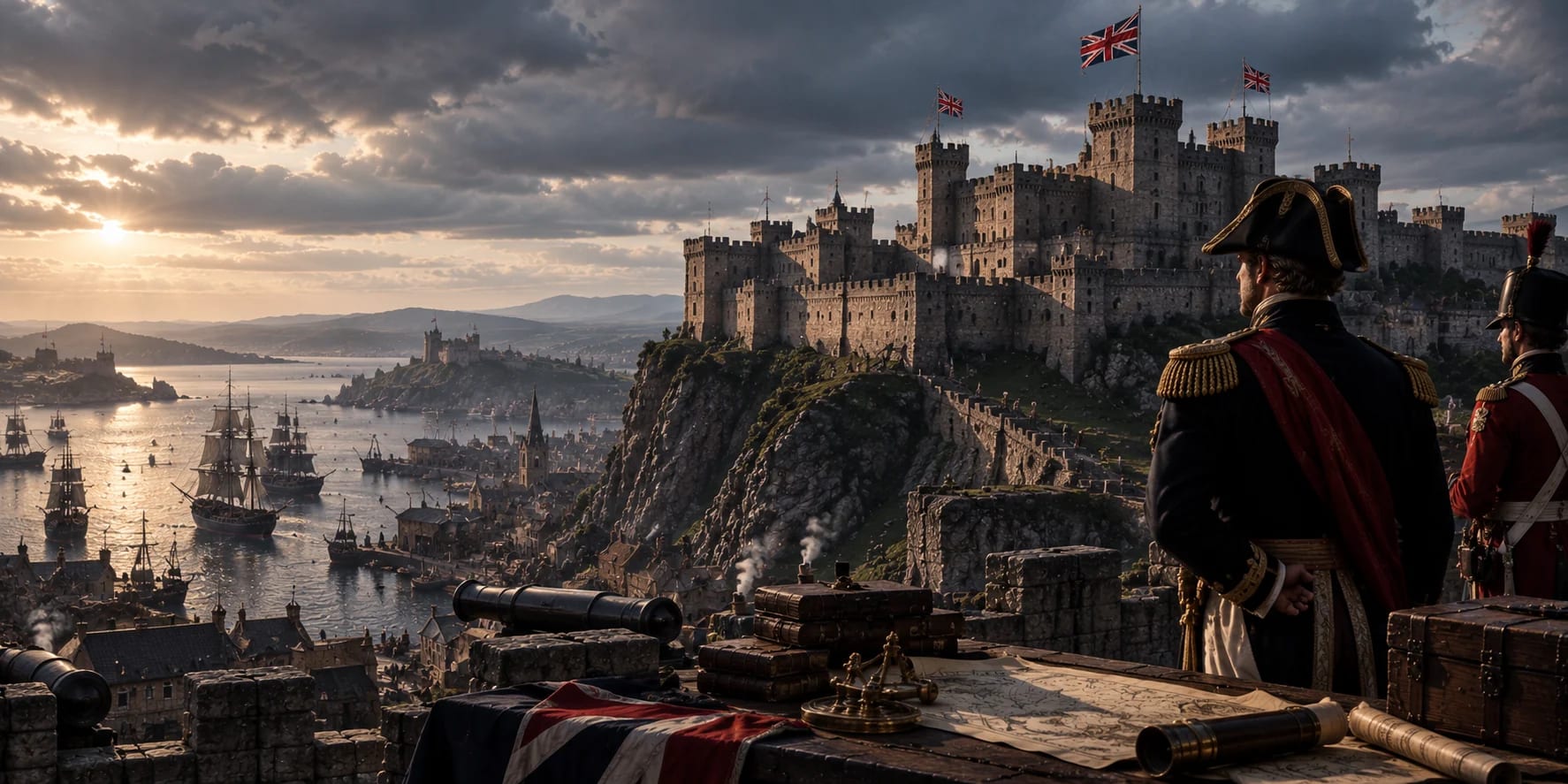 Editorial historical reconstruction of British imperial officers overlooking an imagined castle and harbor filled with sailing ships