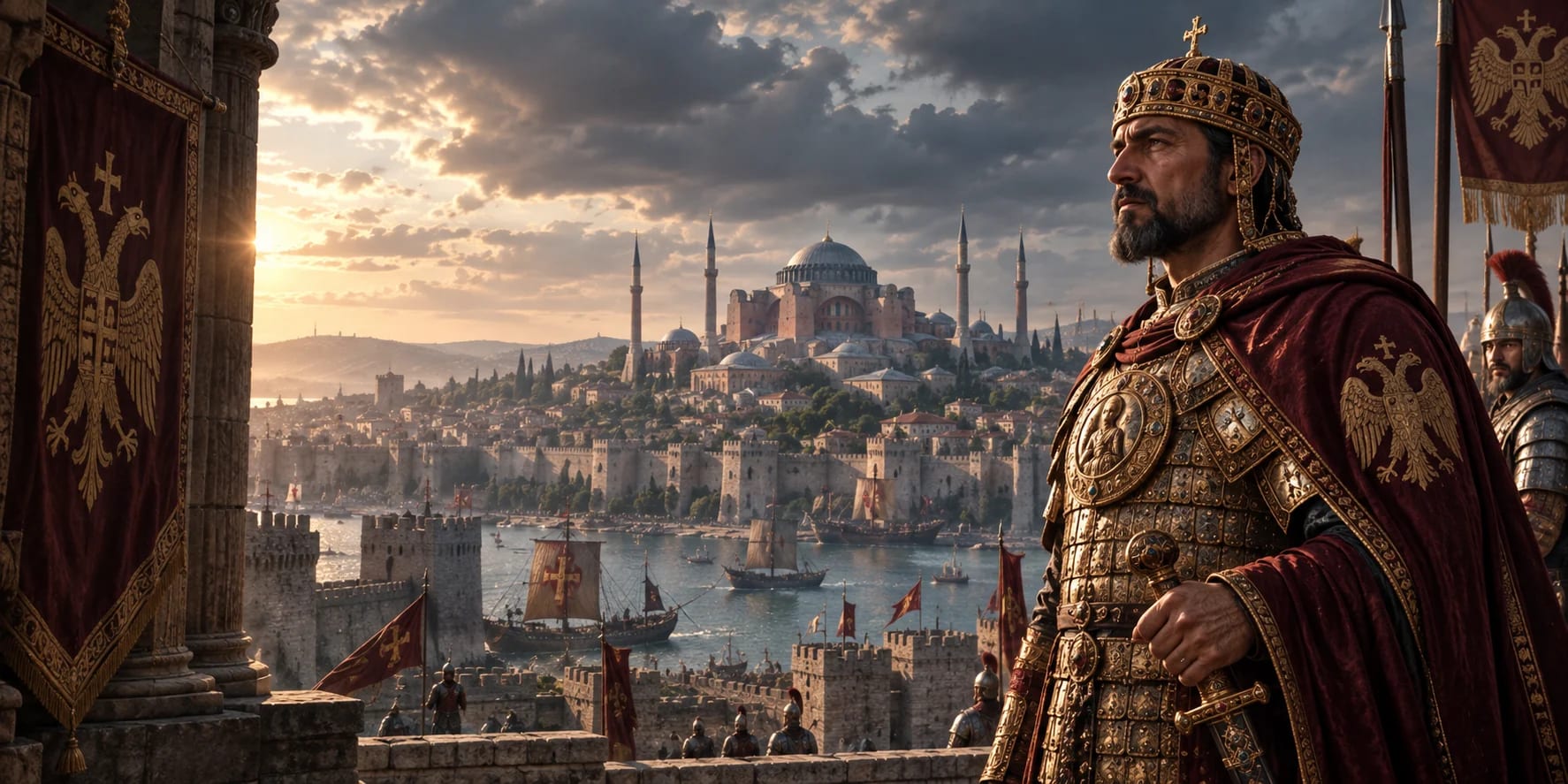 Editorial historical reconstruction of a Byzantine emperor overlooking Constantinople; the imagined skyline blends Byzantine monuments with later Ottoman minarets