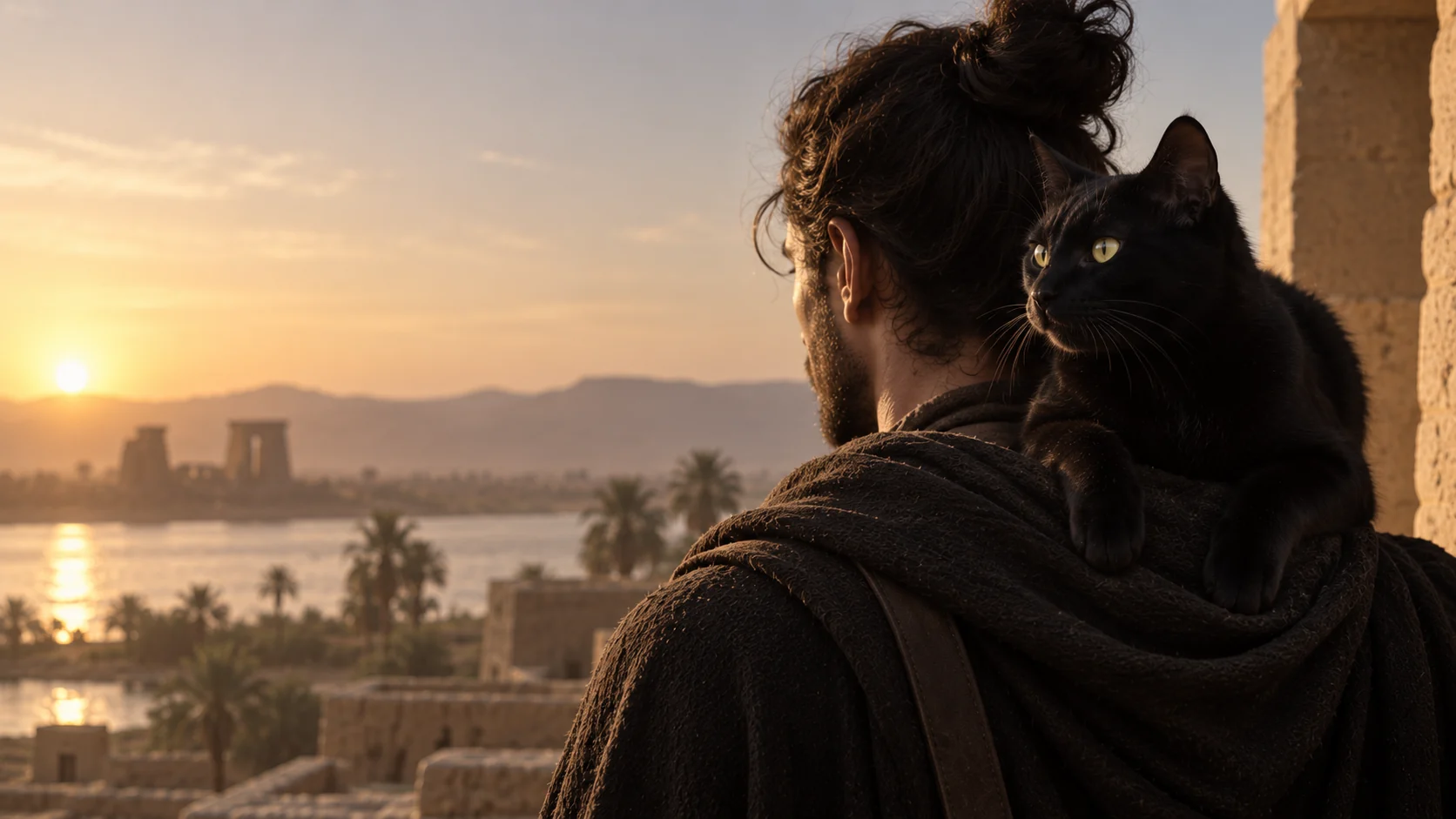 Black domestic cat resting on a person's shoulder at golden sunset, evoking the long history of cats living near human settlements