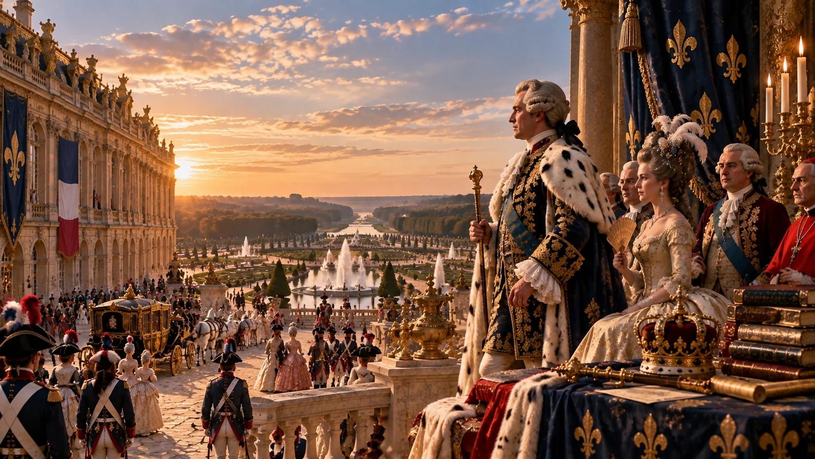 Editorial historical reconstruction of royal France at Versailles, showing a symbolic court gathering rather than a documented ceremony or specific rulers