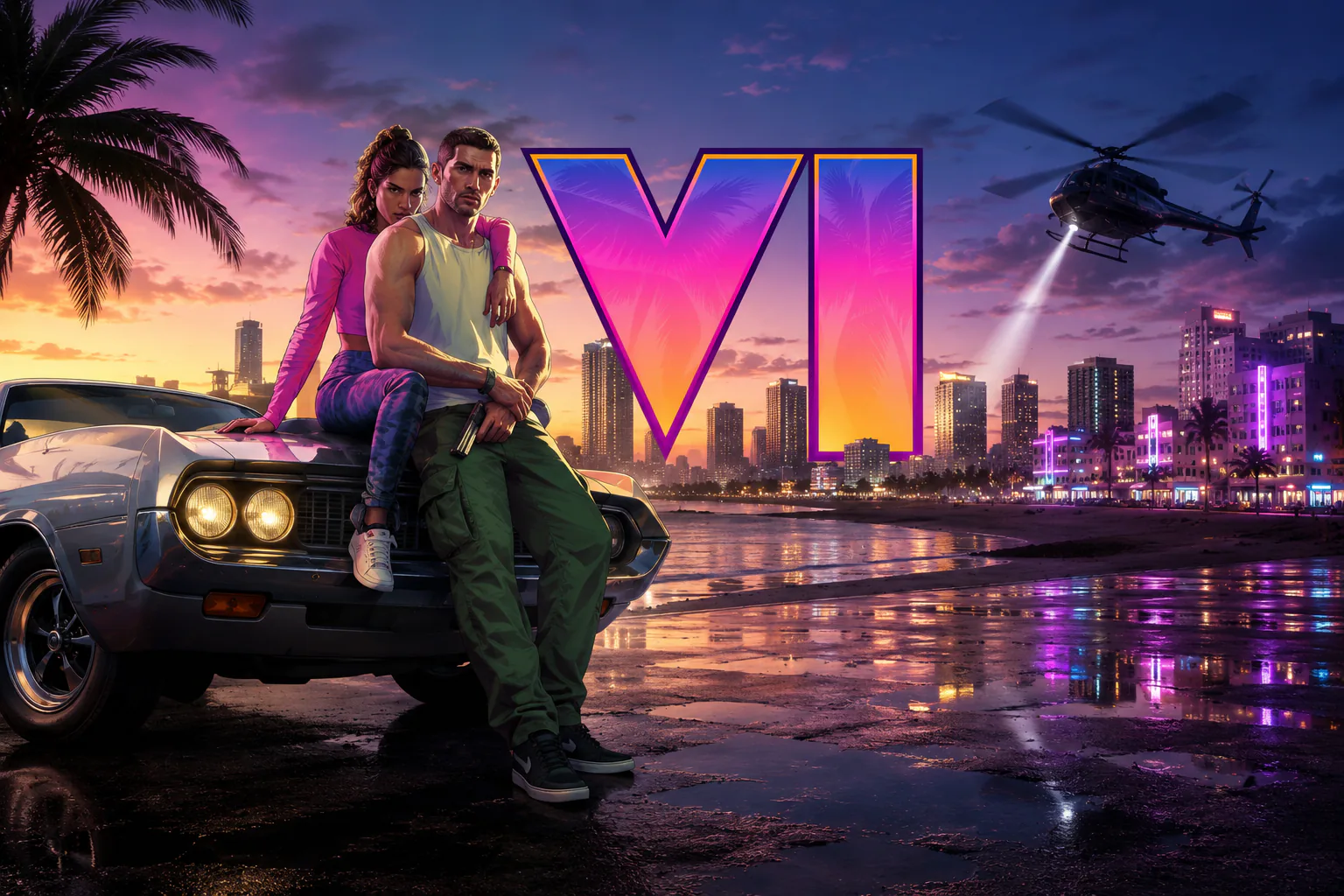 ملصق سينمائي للعبة GTA 6 بأضواء النيون في فايس سيتي