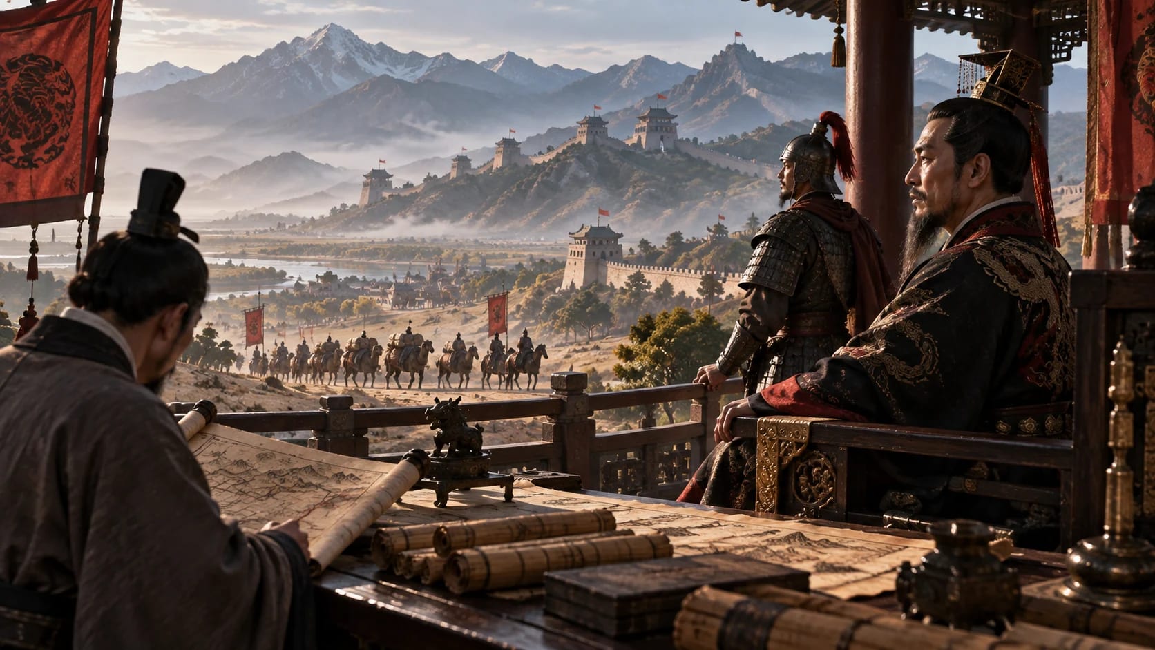 Editorial historical reconstruction of a Han ruler overlooking a stylized Chinese landscape; not a literal portrait or an archaeological reconstruction