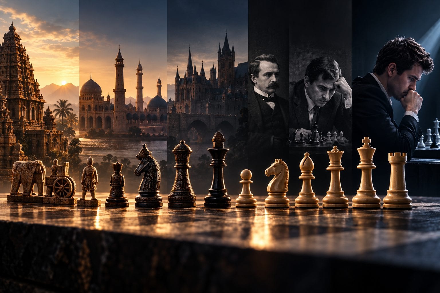 Cinematic representation of the history of chess, from its ancient origins and traditional pieces to the modern competitive game